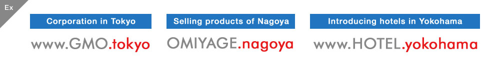 Ex Corporation in Tokyo www.GMO.tokyo Selling products of Nagoya OMIYAGE.nagoya Introducing hotels in Yokohama www.HOTEL.yokohama